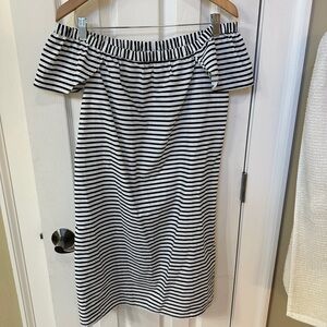 J Crew Black and White Striped Off-Shoulder Dress Summer Preppy Classic Cottage